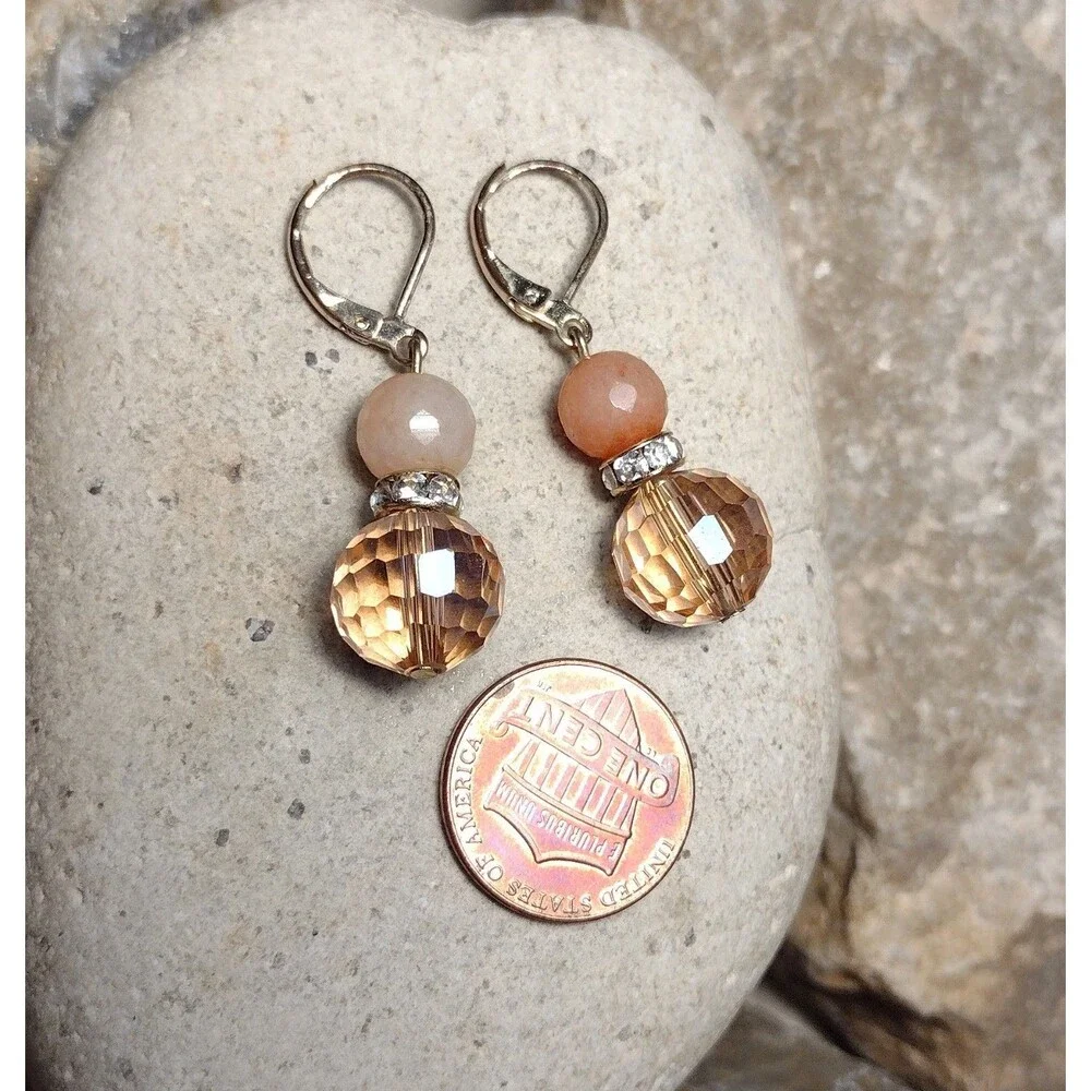 Vintage Peach Quartz Crystal Gold tone Dangle Earrings